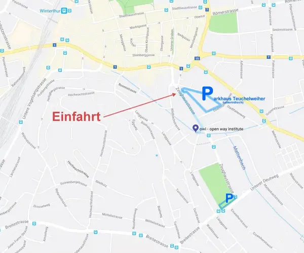 Parkieren beim open way institute: owi Praxis für Veränderungscoaching - Angst- und Panikhilfe