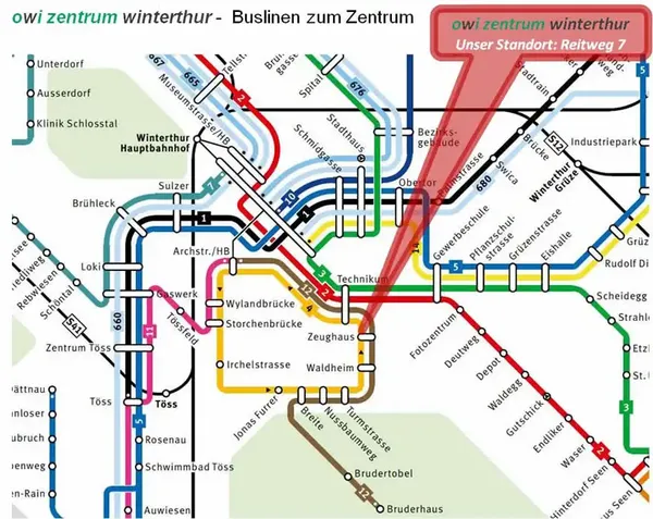 Mit ÖV - Buslinien zum open way institute - owi Praxis - www.angst-phobie.ch