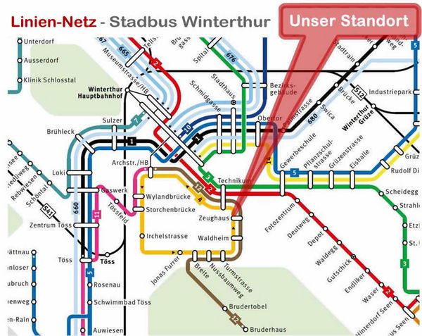 Die Busslinien zum  Praxis für Veränderungscoaching - Hilfe bei Angst, Panik und Zwangsstörungen: Winterthur - Zürich für Systemische Aufstellungen - open way institute - owi - Praxis für Veränderungscoaching - Angst- und Panikhilfe